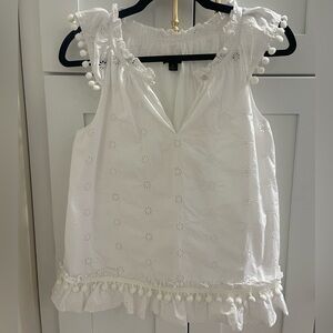 J. crew White Eyelet Top with Pom-Pom Detail